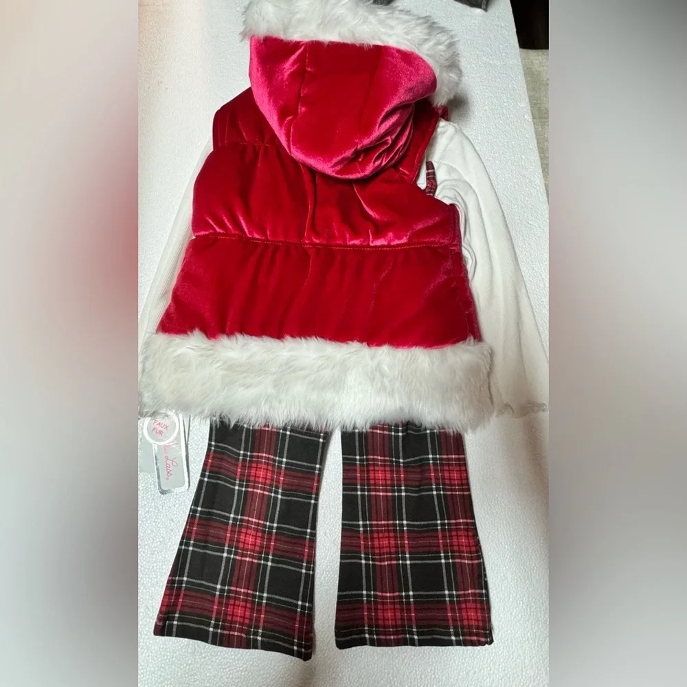 Little Lass 3 Pcs Faux Fur Hooded Jacket & Shirt + Plaid Pants